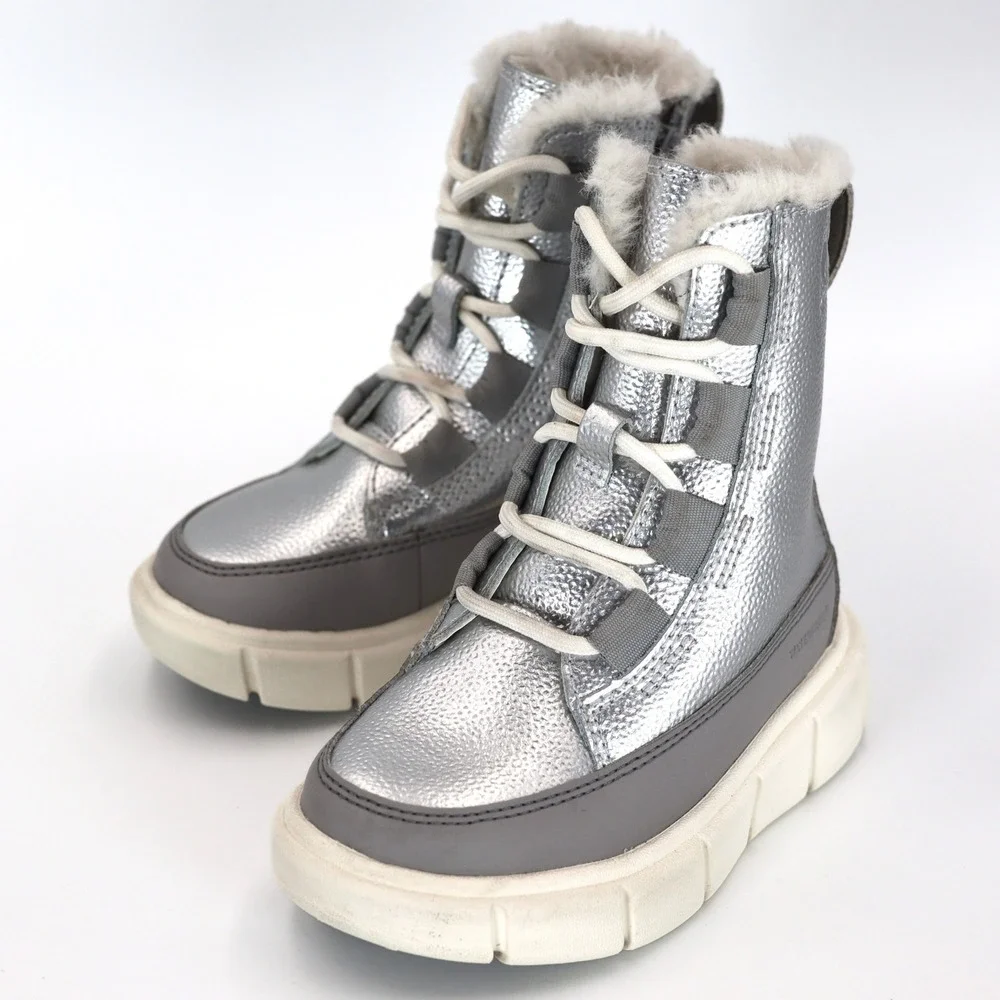 Sorel Explorer II Joan Kids 8 Silver Metallic Waterproof Faux Fur Winter Boots
